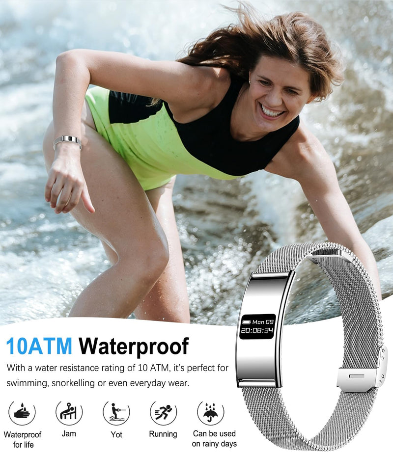 Smart Bracelet for Men & Women, Ultra-Thin Fitness Tracker | Heart Rate, Blood Oxygen & Sleep Monitoring, IPX8 Waterproof, Multiple Sports Modes, Compatible with Android and iOS Silver mesh tape