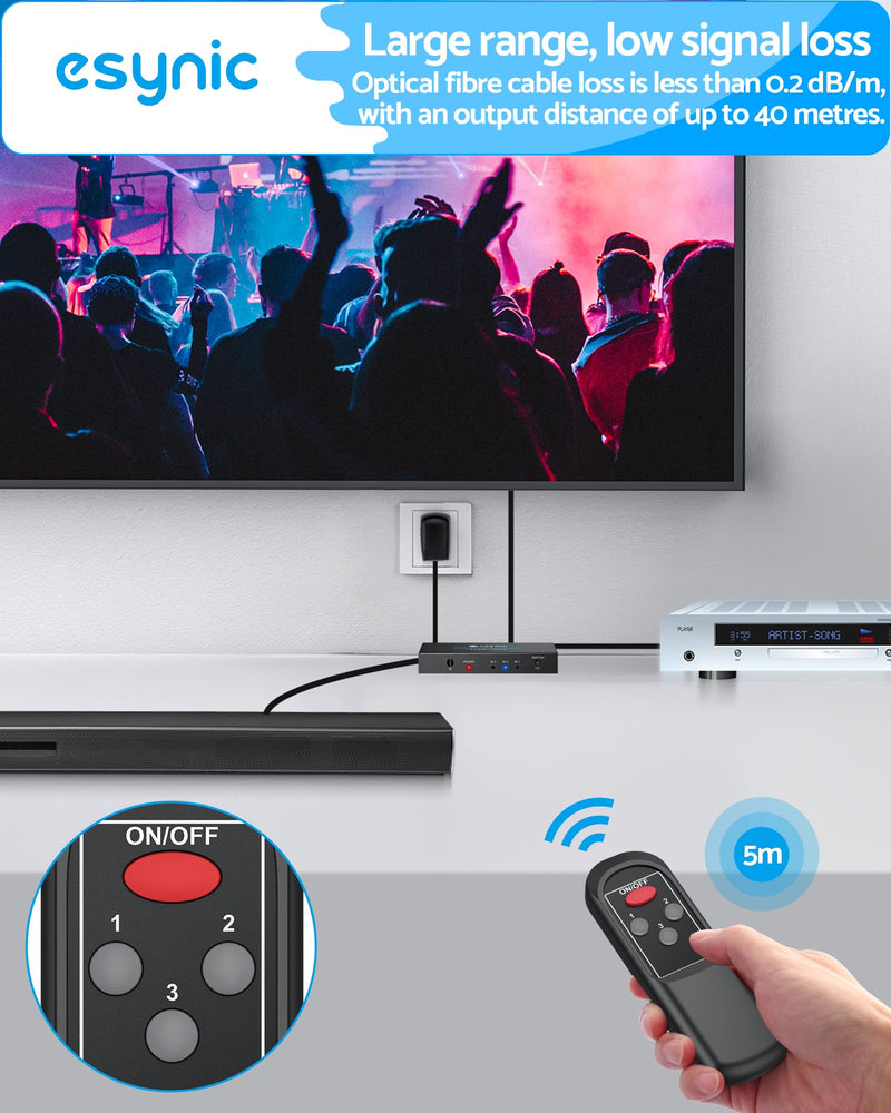 eSynic Portable Digital Optical Audio Switcher 3 In1 Out SPDIF Switcher Aluminum Alloy TOSLINK Audio Switch with 3.28ft Optical Cable Support IR Remote Control from PS4 Blue-Ray DVD HDTV to Soundbar