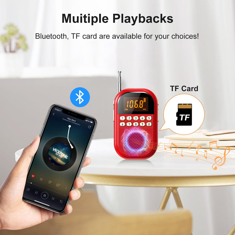 [AUSTRALIA] - Pocket AM FM Radio:1100mAh Rechargeable Radio Supports Bluettoth, Mini FM AM Receiver with Large Speaker, Stereo Earphone, Sleep Timer, Easy to use for Jogging, Walking Red 