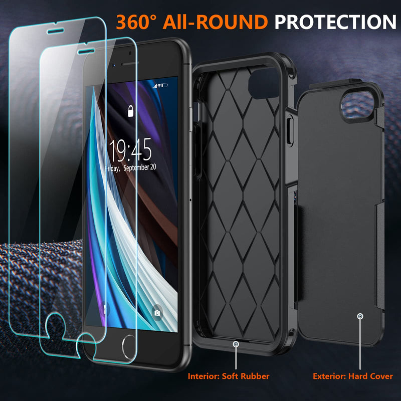xiwxi for iPhone SE Case 2022/3rd/2020,iPhone 8/7 Case,with [2xTempered Glass Screen Protector] [360 Full Body Shockproof] [Heavy Dropproof],Hard PC+Soft Silicone TPU+Glass Screen Phone Case-Black Black