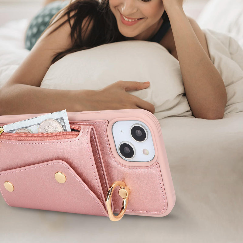 for iPhone 14 Case with Card Holder and Strap - Zipper Pocket,Crossbody Lanyard Strap,Credit Card Holder,Stand Ring,Cute Phone Wallet Case for Women(Rose Gold,6.1 Inch) A-Rose Gold