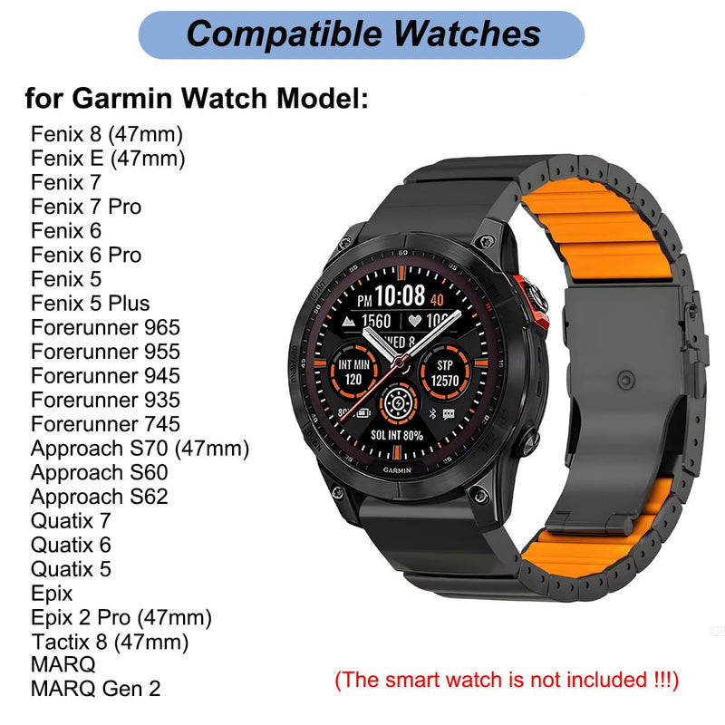22mm Titanium Silicone Bands for Garmin Fenix 8 (47mm)/7/6/5, Forerunner 965 955, Approach S60 S62, Quatix 7 6 5, Epix Pro 2 (47mm), MARQ Gen 2-22mm Quick Easy Fit Watch Band Strap for Garmin Watch Black/Orange