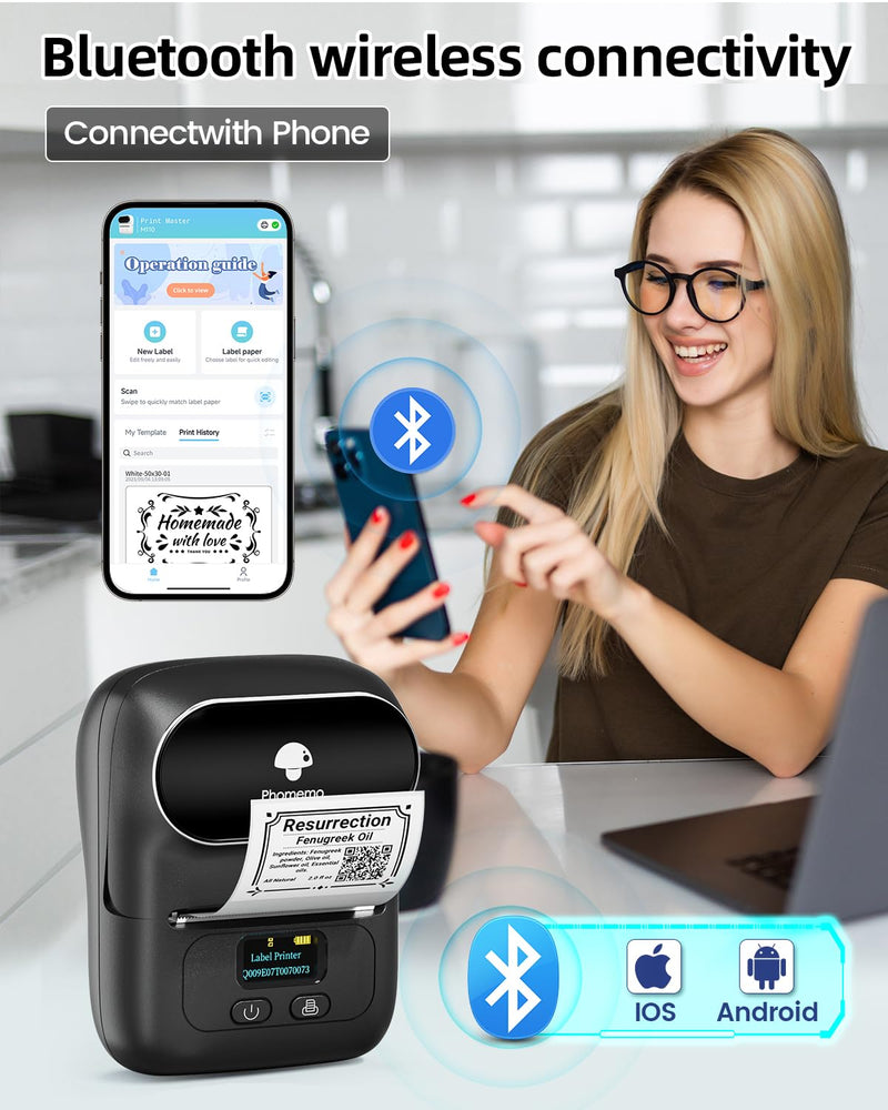 Phomemo M110 Label Makers - Barcode Label Printer Bluetooth Portable Thermal Printer for Small Business, Address, Logo, Clothing, Mailing, Sticker Printer for Phones & PC, Black 1 Printer + 1 Roll Label