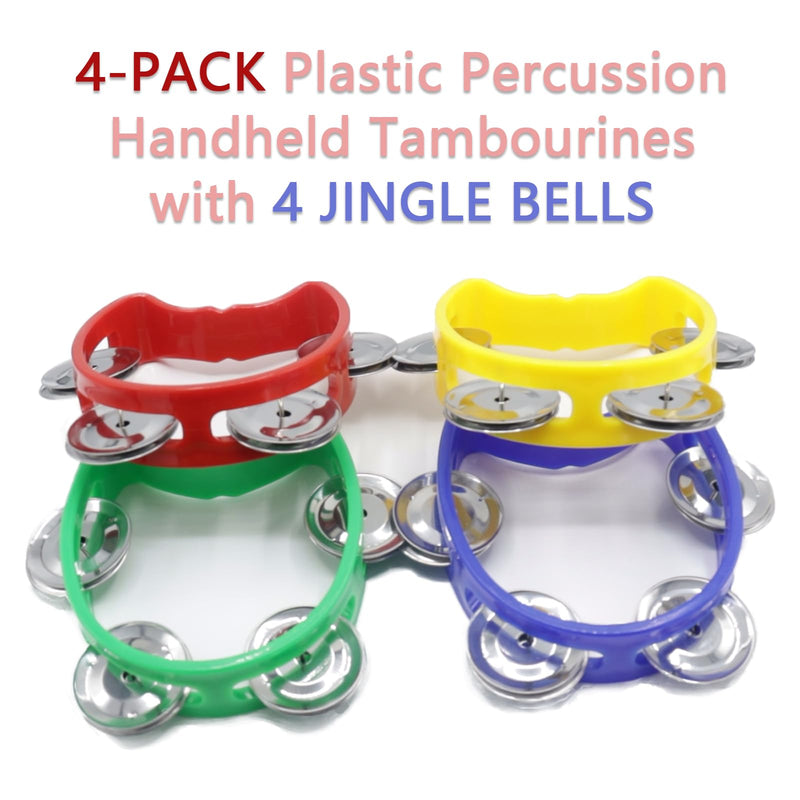 [AUSTRALIA] - 4-Pack Plastic Percussion Handheld Tambourines with 4 Jingle Bells, Mini Hand Bell Percussion, Musical Rhythm Instruments in 4 Colors for Kids, Adults, School and Party 4 Color 