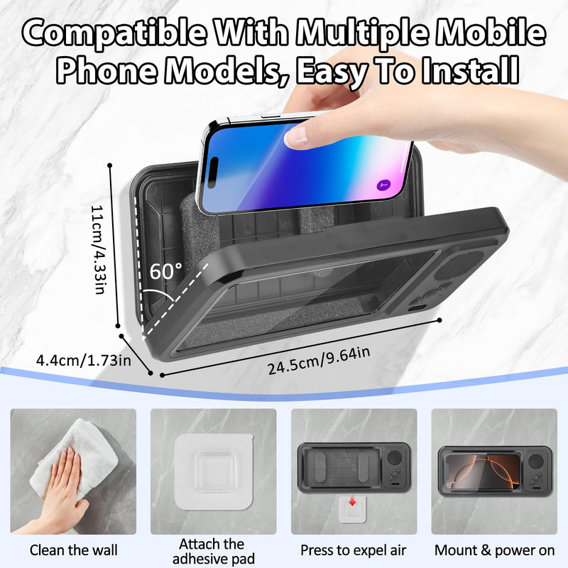 [AUSTRALIA] - Shower Phone Holder with Wireless Bluetooth Speaker,2026 New Waterproof 480 Rotation Viewable Shower Phone Case Speaker for Any Phone, Wall Mounted Phoneholder Stand for Bathroom Mirror (Black) Black 