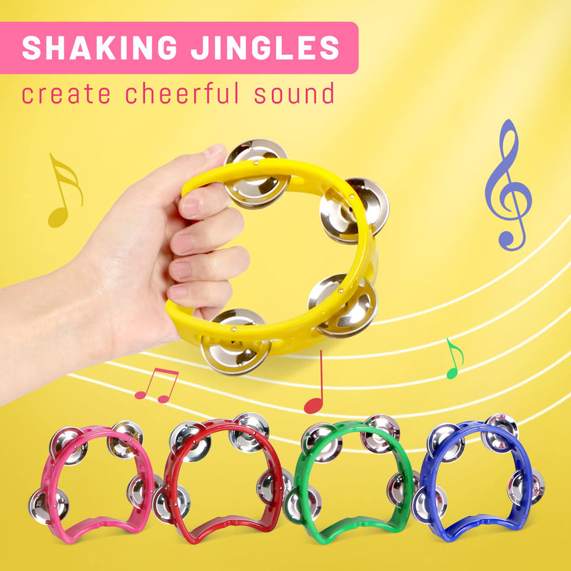 [AUSTRALIA] - Tambourine for Kids, Hand Tambourines Bulk Toddlers Musical Instrument, Metal Jingles Hand Held Percussion, Small Tambourine for Kids, Boys, Girls, 4 Pack 4-colors 