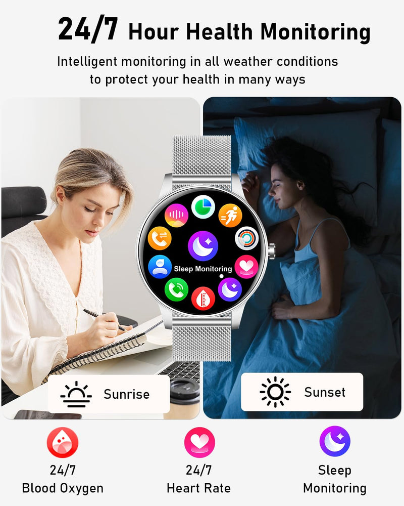 Smart Watches for Women, 1.27'' TFT Fitness Watch With Bluetooth Answer/Make Call,24H Heart Rate/SpO2/Sleep Monitor/Menstrual Cycle/120+ Sports Fitness Tracker for iPhone Android iOS(4 Straps,Silver) Silver