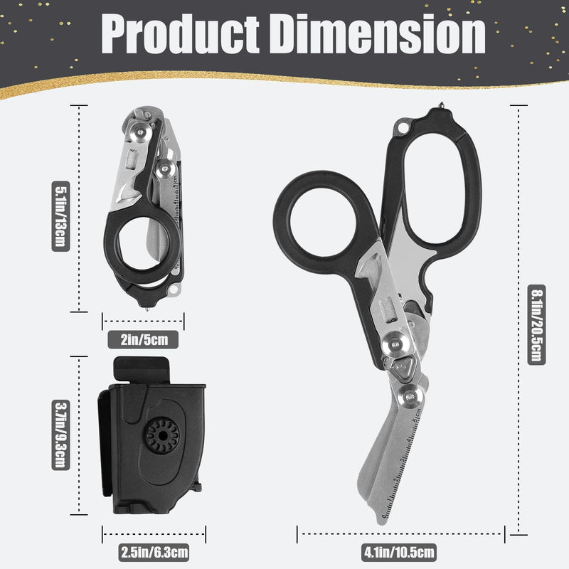 6 in 1 Multifunctional Foldable Trauma Scissors with Compatible Holster Emergency Response Scissors Camping Rescue Tools Outdoor with Tape Cutter and Glass Breaker Black