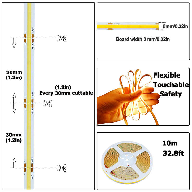 [AUSTRALIA] - 32.8ft(10M) 24V COB LED Strip Light Warm White 3000K 3840LEDs CRI 93+ 6800lm Uniform Glow Dotless IP20 Not Waterproof Flexible LED Tape Lights for DIY Cabinet Bedroom Home Decor(No Power Supply) 10 meters 