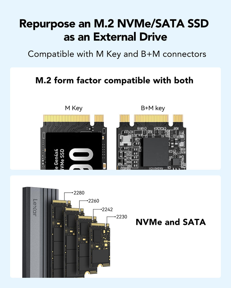 Lexar E350 M.2 NVMe SATA SSD Enclosure Adapter, USB 3.2 Gen 2 (10Gbps), Compatible with M Key/B+M Key, External Portable Solid State Drive Case, Support NVMe PCIe SATA SSD 2230/2242/2260/2280 LPAE350-RNGNG