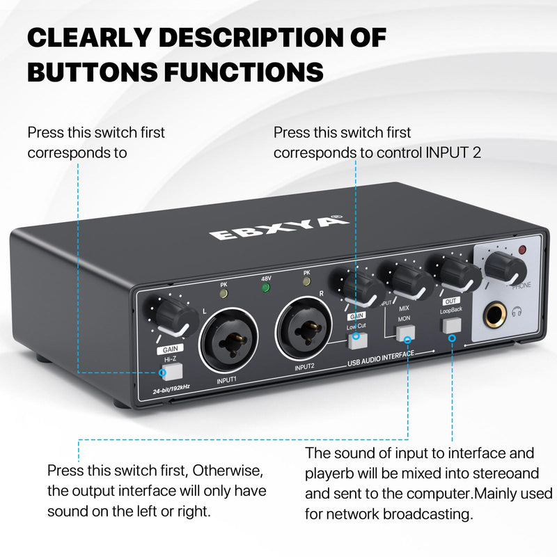 EBXYA 2i2 USB Audio Interface for PC Recording, 24-bit/192kHz Plug and Play USB Interface +48V Phantom Power for Music, Studio, Guitar, Podcast, Streaming No Software Included(Metallic Black) Audio Interface-Black