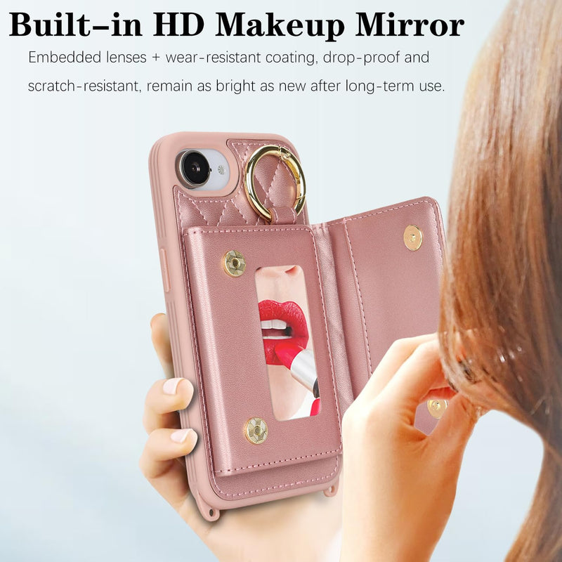 for iPhone 17e / 16e Case with Card Holder and Strap for Women,Crossbody Lanyard, Make Up Mirror,Ring Stand,Snap Clasp,Cute Phone Wallet Cases 6.1 inch - Dark Rose Gold (Pack of 2) for iPhone 17e / 16e 6.1 (Pack of 2)