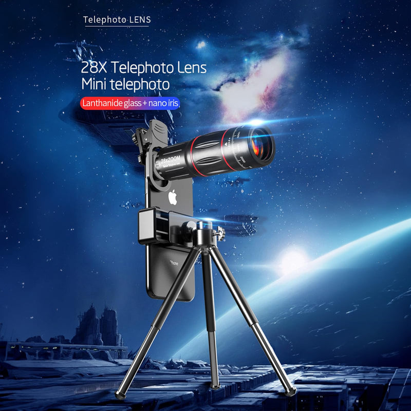 [AUSTRALIA] - 28x Optical Zoom HD Phone Camera Lens 5 in 1 Kit for iPhone and Android with Tripod + Telephone Zoom Lens + Lens Cover + Clips, Support Hand-held, Eye View, Spot Shooting, 4K HD Telephoto 