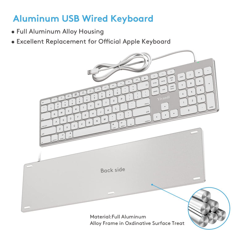 Wired Keyboard for Apple Mac OS, All-Aluminum Frame, Plug-N-Play Cable Connection, Desktop USB Keyboard with Numeric Keypad Compatible with iMac Computer or MacBook Laptop by Yivandi -White
