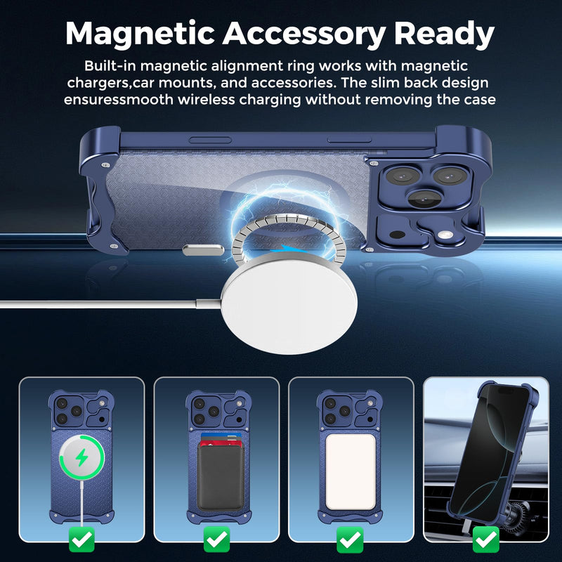 for iPhone 17 Pro ， Military-Grade Metal Bumper Case, Frameless Design with Scratch-Resistant Acrylic Anti-wear Backplate (Anti-wear Backplate, Blue, iPhone 17 Pro)