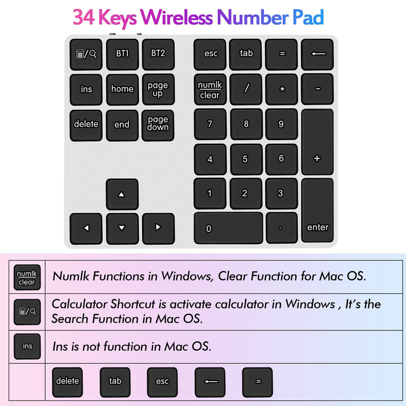 [AUSTRALIA] - Foloda Bluetooth Number Pad for Laptop Wireless Number Keypad for Laptop, Rechargeable 10 Key USB Numeric Keypad Numpad for Laptop PC Notebook Silver Grey 