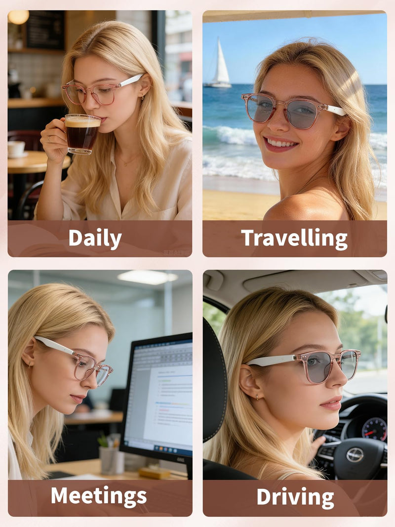 Bluetooth Glasses for Women and Men with Bluetooth 5.4, Translation Glasses with Blue Light Blocking and Color-Change Lenses, Voice Assistant, Touch Control for Travel, Meetings, Business