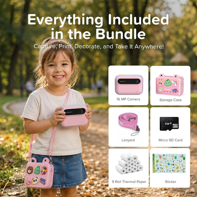 myFirst Kids Instant Print Camera, 16MP Camera, 9 Rolls Paper, Travel Case | 7S inkless thermal printing, insta 20 bundle, selfie lens, toy camera, school travel play, birthday gift for girls ages 4-12 Cotton Candy Camera + 9 Rolls Paper + Carrying Case