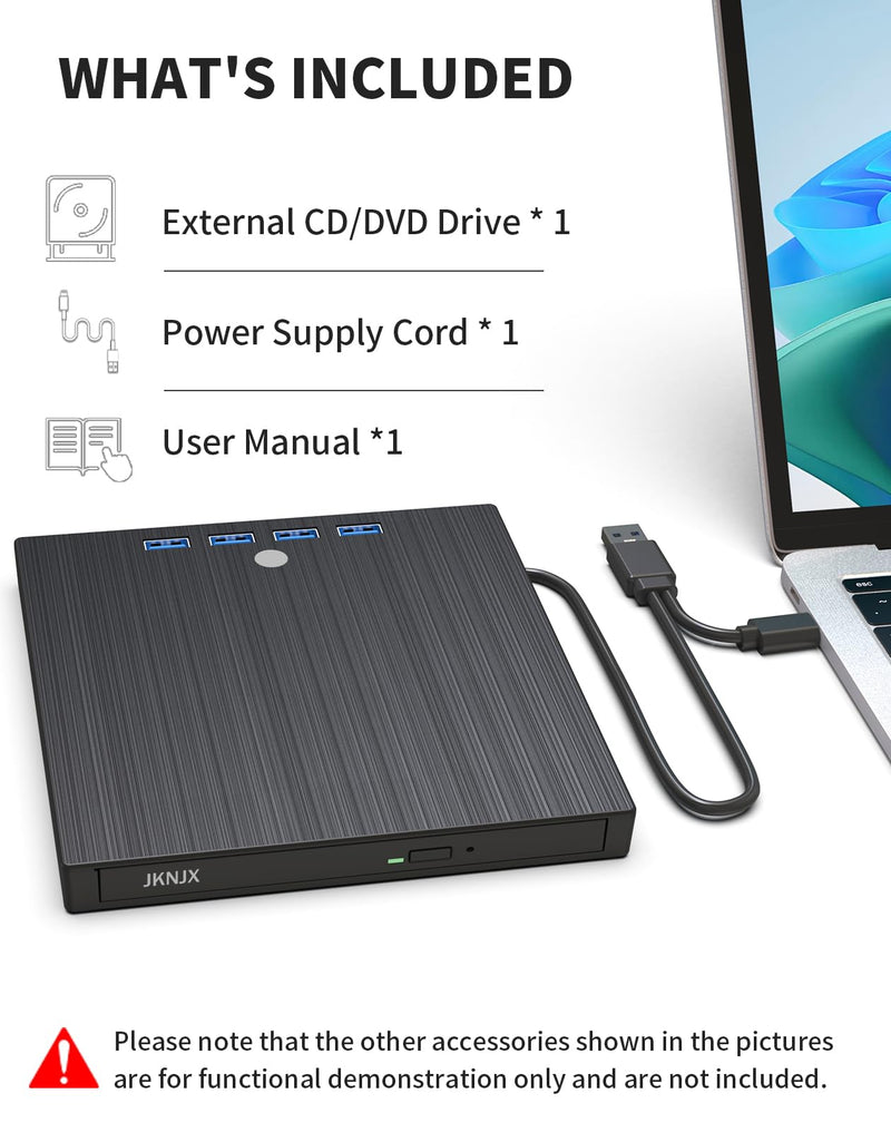 9 in 1 External CD DVD Drive, USB 3.0 and Type-C Disc Reader Burner Player | Optical Drive for PC Laptop Desktop MacBook Mac Windows Linux OS Apple Black
