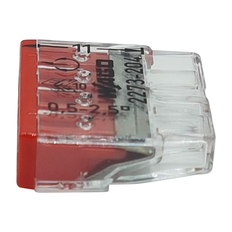 [AUSTRALIA] - Pack of 30 Wago 2273-204 Compact Connectors for Junction Boxes, Diameter 0.5 - 2.5 mm², 4-Pin, Transparent/Red 