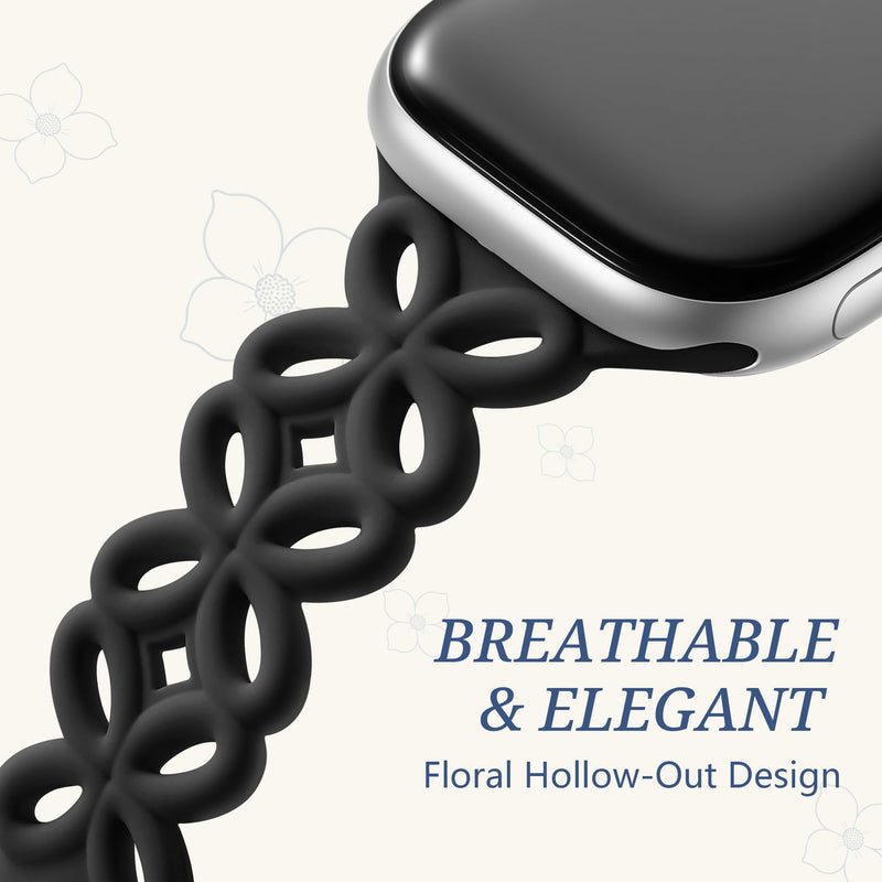 DaQin Slim Silicone Band for Apple Watch Bands for Women 40mm 38mm 41mm 42mm 44mm 45mm 49mm, Cute Thin Braided Floral Hollow-out Breathable Strap for iWatch Series 11 10 9 8 7 6 5 4 3 2 1 SE Ultra Black 38mm/40mm/41mm/42mm(series 11 10)