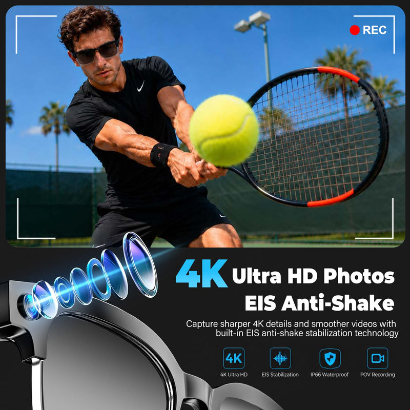 AI Smart Glasses with Camera, 4K EIS, Real-Time Translation | AI Object Recognition, Open-Ear Speakers, AI Voice Assistant, Bluetooth Calling, IP66 Water Resistance, Photochromic Lenses Black Glasses Pouch Included