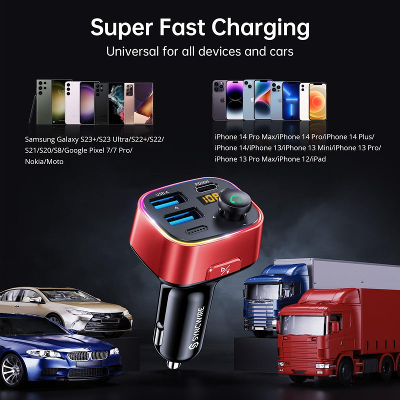Syncwire Bluetooth 5.3 FM Transmitter Car Adapter 48W (PD 36W & 12W) [Light Switch] [Hi-Fi Deep Bass] [Fast Charge] Wireless Radio Music Adapter LED Display Hands-Free Calling Support USB Drive, Red