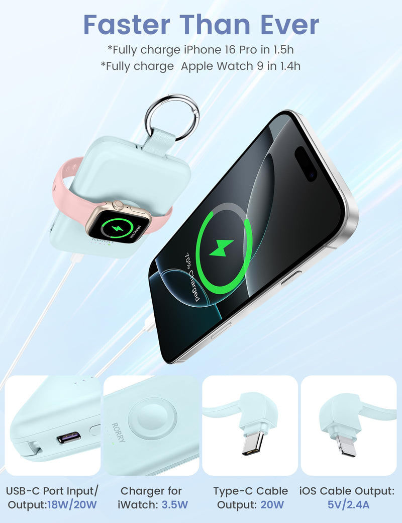 RORRY Portable Charger, 10000mAh PD 20W Fast Charging Portable Charger Power Bank with Built in Cables, Travel Battery Pack for iPhone 16/15/14/13/12 and Apple Watch Ultra/9/8/7/6/5/4/3/2, Black