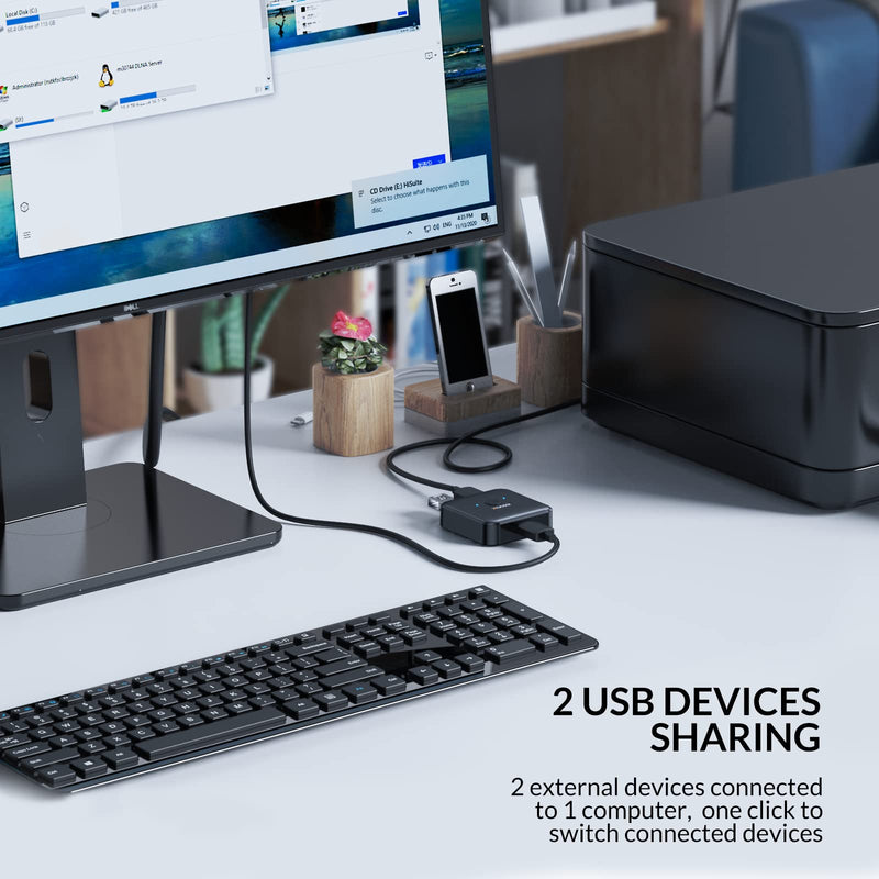 IDsonix USB 3.0 Switch 2 Computers Share 1 Device,1 in 2 Out Or 2 in 1 Out Bi-Directional for Printers/Keyboards/Mice, 5Gbps Plug and Play Switcher, 2pcs A to A 3.3ft Cables,Plastic,Black ABS