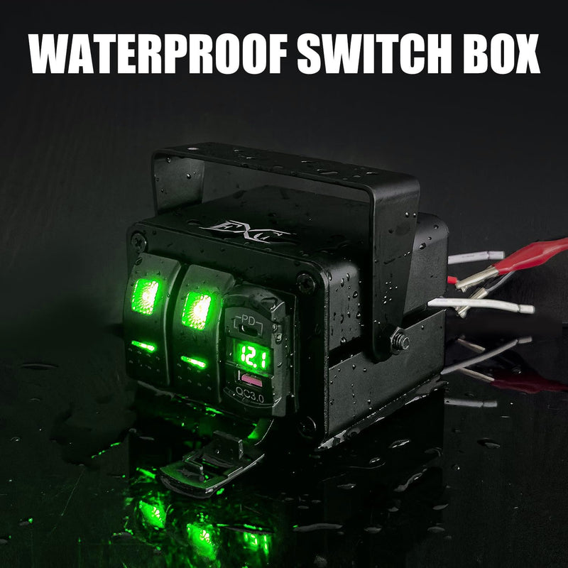 FXC 2 Gang Aluminum Rocker Switch Panel Green Backlit with PD Type C and QC 3.0 USB Charger Voltmeter Waterproof 12V 24V DC Rocker Switch Box for Car Trucks Boats RVs 2 Gang Green