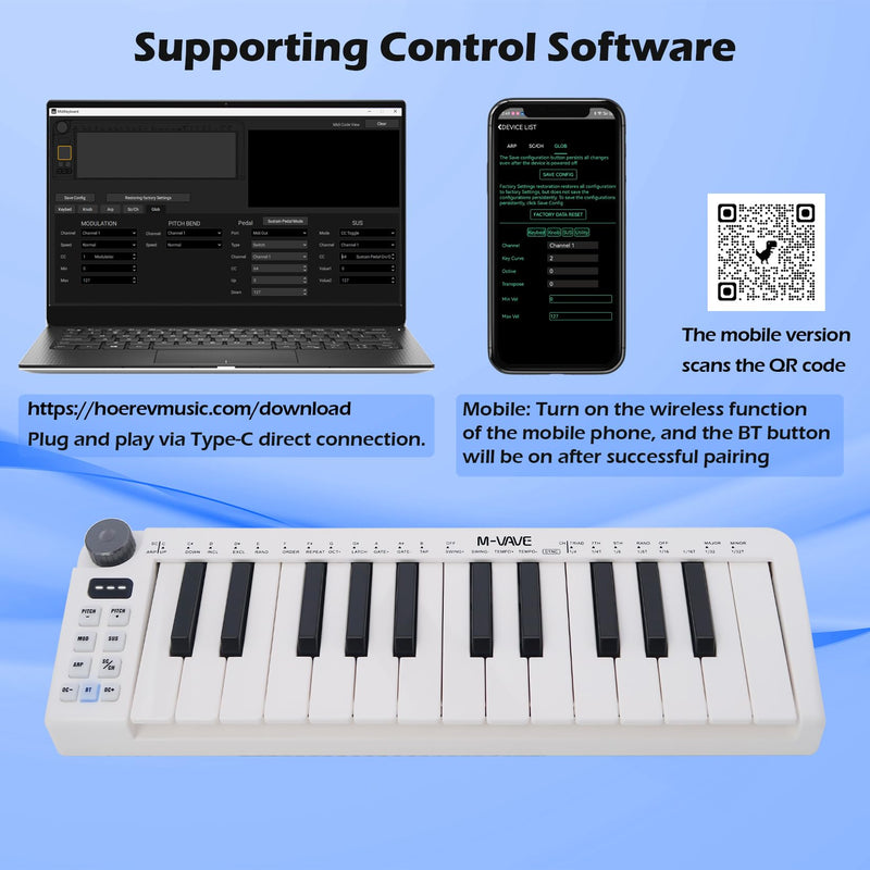 M-VAVE 25 Keys Mini Keyboard – Professional Beat Maker and Keytar for Keyboard Music Production Builtin Battery Wireless Connect White Mini no PADS