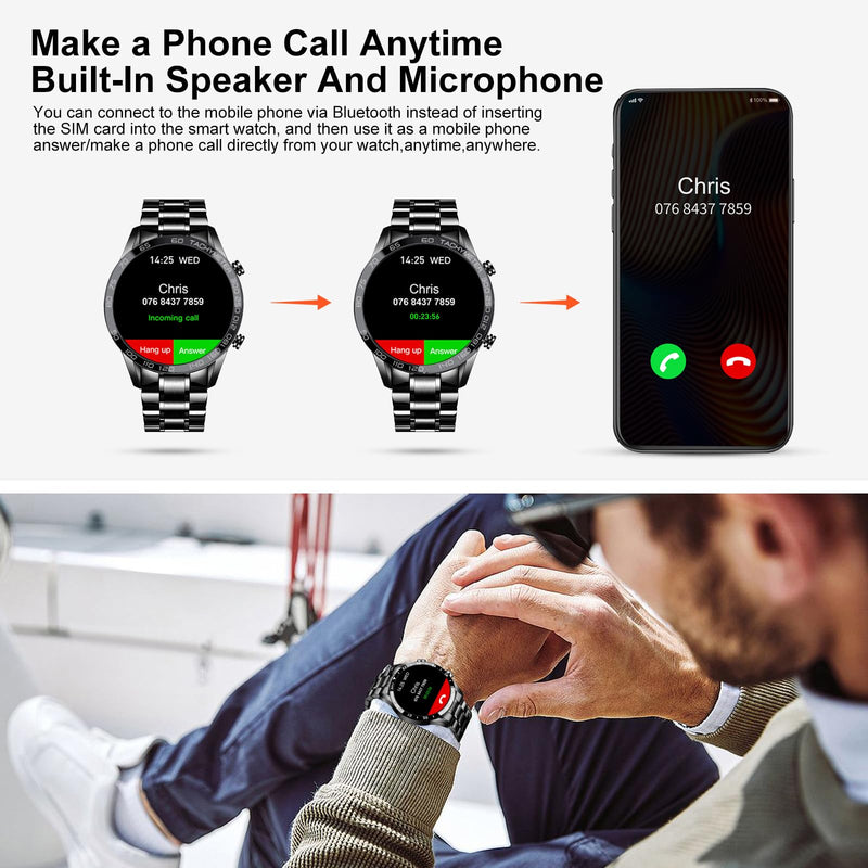 Men Smart Watch for Android iOS, Bluetooth Calls Voice Chat with Heart Rate/Sleep Monitor Fitness Tracker, 1.3" Full Touch Screen IP67 Waterproof Stainless Steel Activity Tracker for Men A-Black