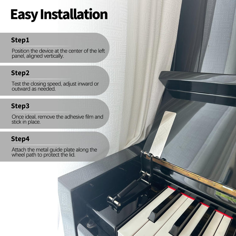 1pcs Piano Slow Close Device – Hydraulic Fallboard Decelerator for Upright Pianos Key Cover Soft Close Lid Protector with Dual Silent Wheels, Anti-Pinch, Durable Aluminum Alloy