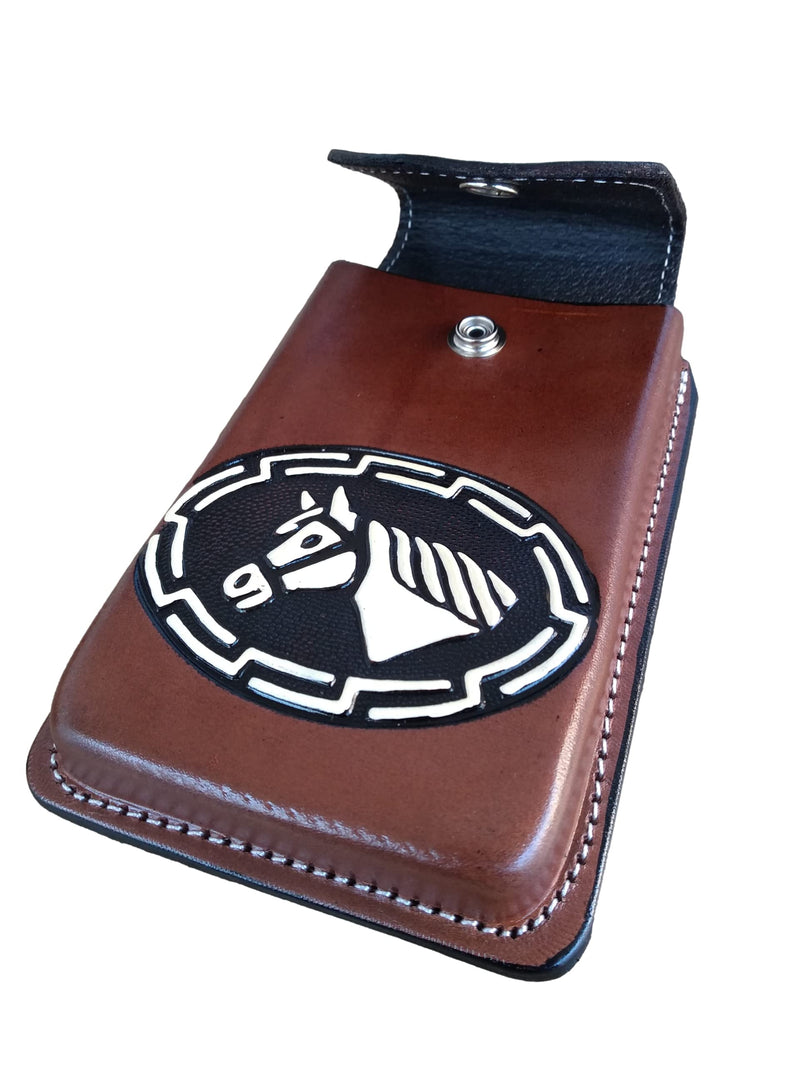 Marquez Western autentic Leather Mexican Cell Phone Holster for Belt with Secure Closure. Hand Painted Horse Design. Universal Size (Brown)