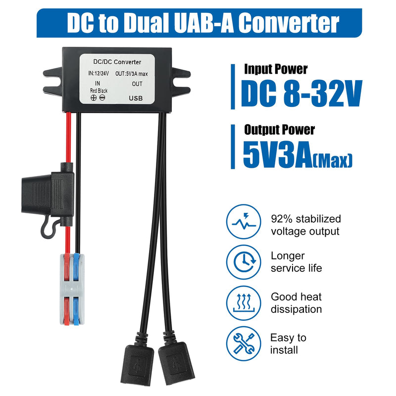 15W Dual USB Car Charger 8-32V to 5V 3A DC-DC Converter, Waterproof Voltage Regulator for Truck/RV/Boat/Heavy Equipment(CE Certified) Black 8-32V to 5V3A Dual USB