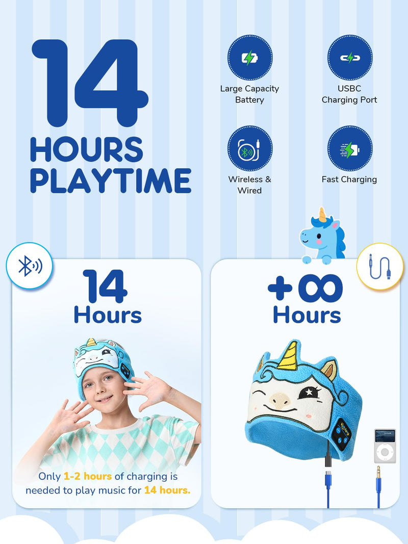 Kids Sleep Headphones Bluetooth Headband, Wireless & Wired Headband Headphones with Ultra-Thin Stereo Speakers for Toddlers Sleeping Airplane Travel BrightBlue