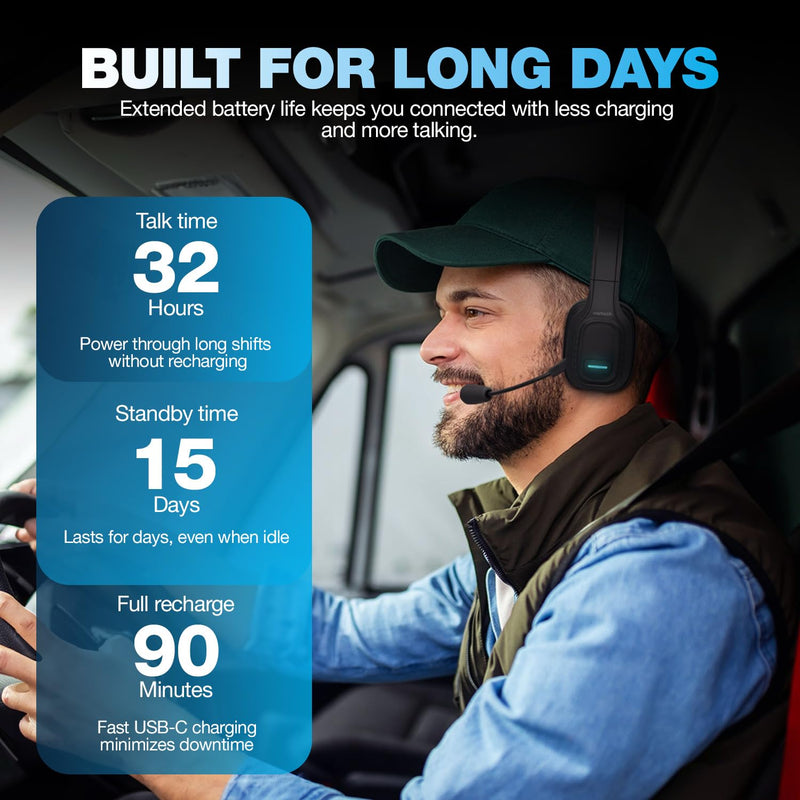 Naztech Trucker Bluetooth Headset with Microphone - Wireless Headset with Mic and Noise Canceling Technology, Adjustable Headband, for Truck Drivers, Home Office, Work and Driving