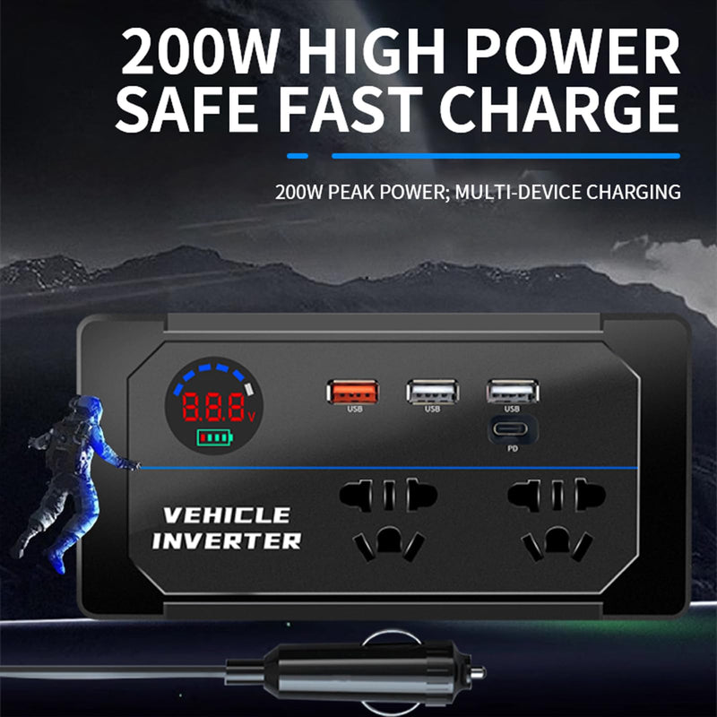 200W Car Power Inverter, DC 12V to 110V AC Car Plug Adapter Outlet with 4 USB Fast Charging Port(3xUSB A, 1xUSB C), LED Display, Dual AC Outlet, Power Inverter for Vehicles, Laptops, Phones, Black