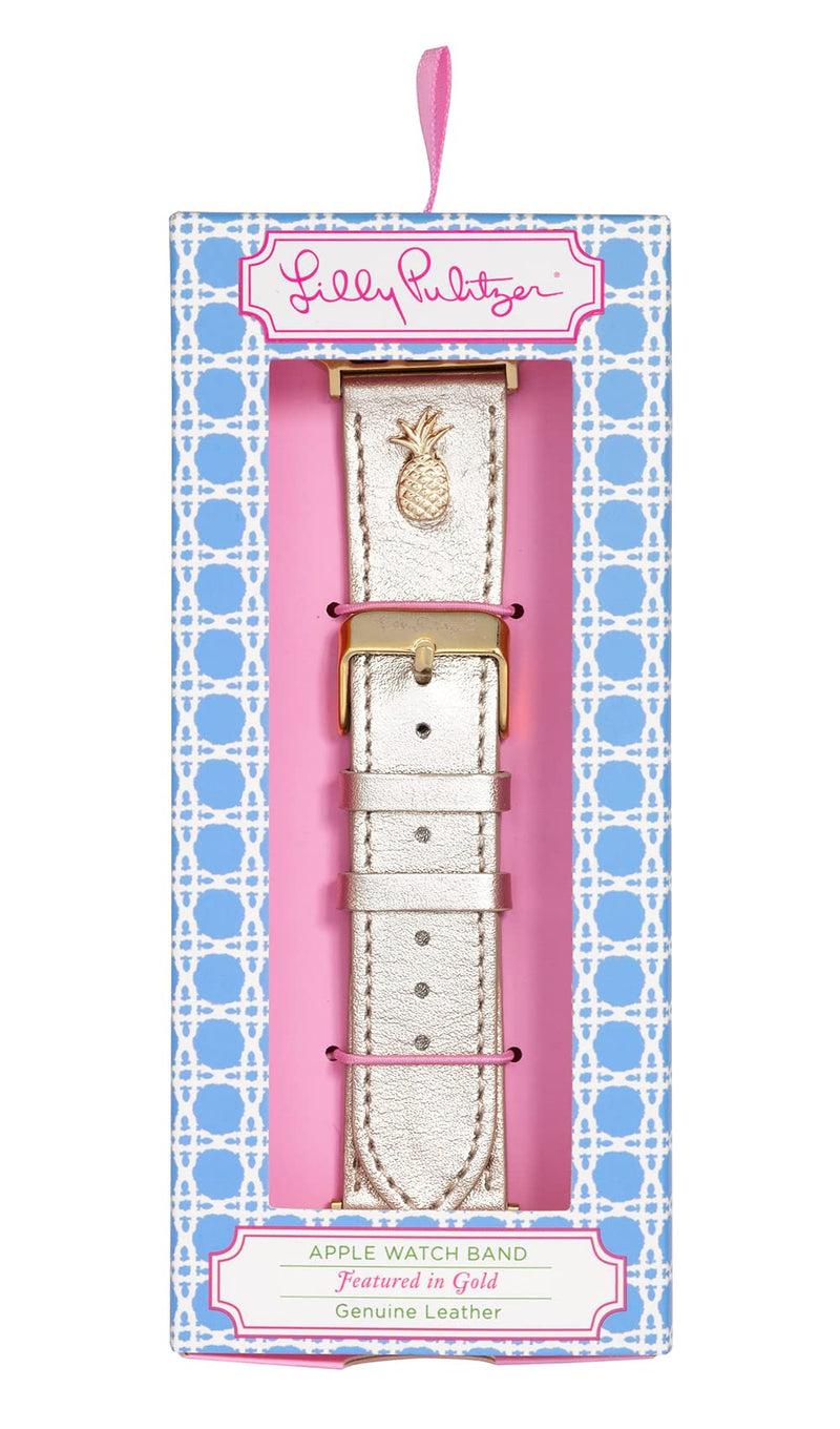 Lilly Pulitzer Genuine Leather Watch Band Sized to Fit 42mm, 44mm, & 45mm Smartwatches, Compatible with Apple Watch Series 1-8 and SE, Gold