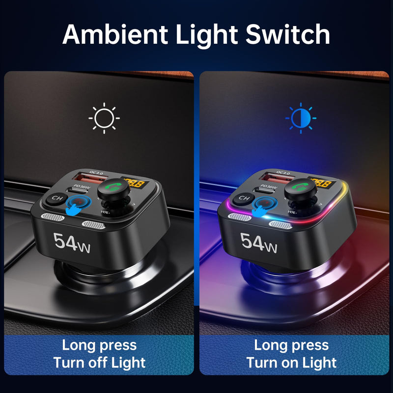 [AUSTRALIA] - Syncwire Bluetooth 5.4 FM Transmitter Car Adapter 54W (PD 36W & 18W) [Stronger Dual Mics] [Light Switch] [HiFi Bass Sound] [Fast Charging] Wireless Radio Receiver Hands-Free Calling LED Display Black 