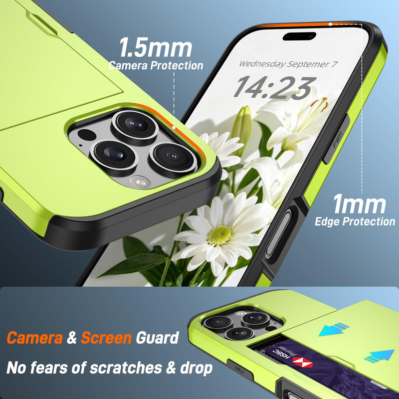 Pilaru for iPhone 16 Pro Max Case with Card Holder【2 Pcs HD Screen Protector】Slim Heavy Duty Dual Layer Shockproof Design【Hidden Card Slot 】Wallet Cases for iohone 16 Pro Max Case 6.9 inch-Neon Green for iPhone 16 Pro Max Case 6.9" (3 Lens) Neon Green