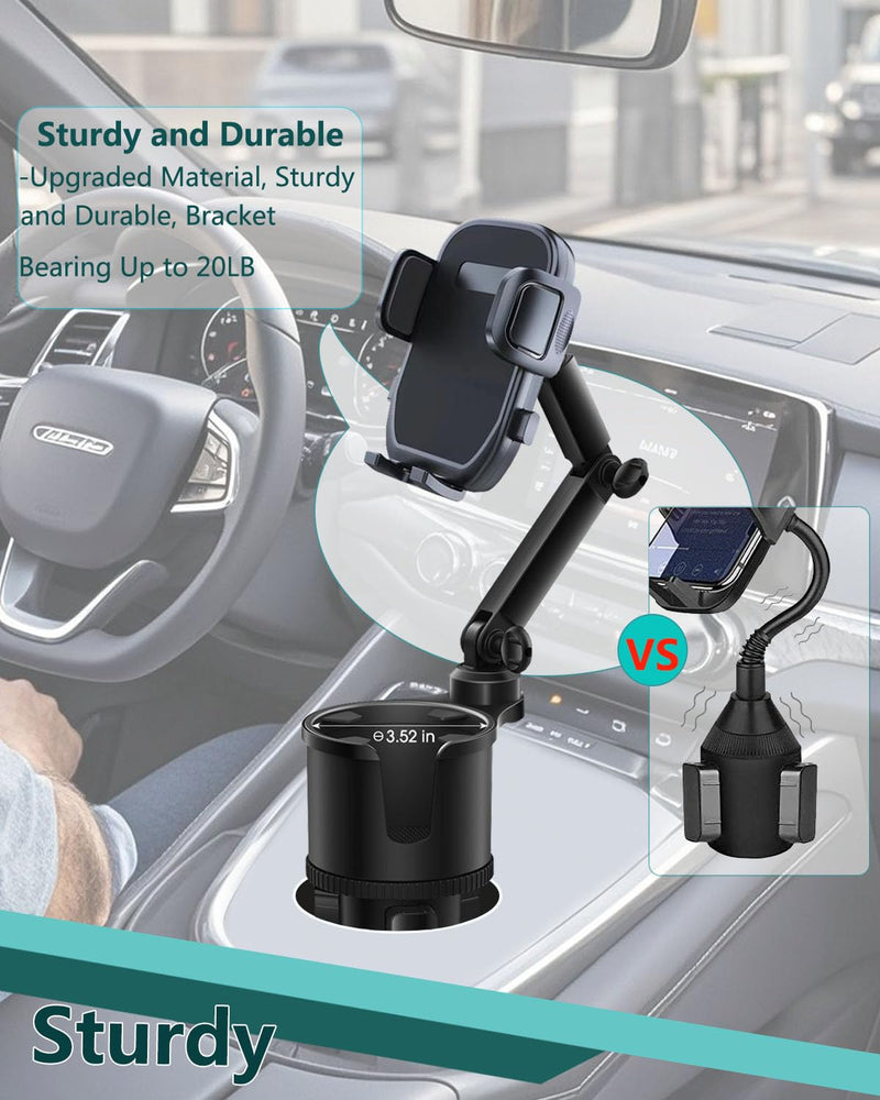 2-in-1 Cup Phone Holder for Car, 360° Adjustable Car Phone Mount | Anti-Slip Phone Cup Holder Long Arm, Fits 2.5–4" Cup Slots, Stable Holds Phones & Large Bottles, Compatible iPhone 17/16 Pro black