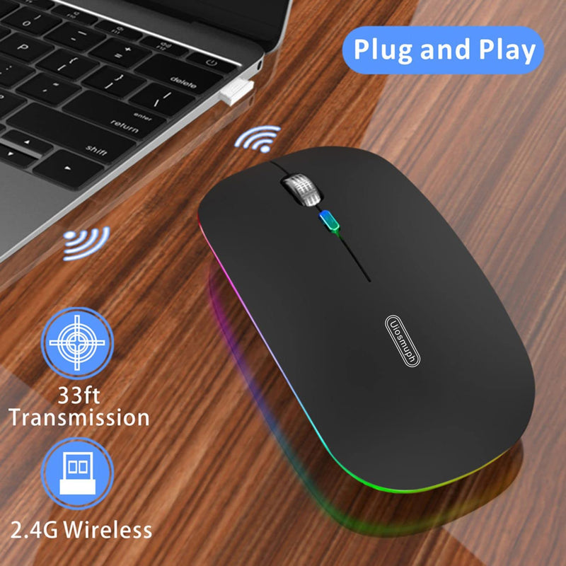 LED Wireless Mouse, Uiosmuph G12 Slim Rechargeable Wireless Silent Mouse, 2.4G Portable USB Optical Wireless Computer Mice with USB Receiver and Type C Adapter (Matte Black) Matte Black