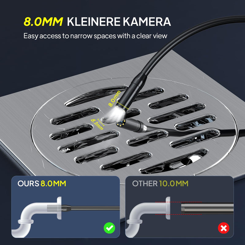 Qimic Endoscope Camera with Light, 1080P HD Tube Camera with 8 LEDs, 2.4 Inch IPS IP67 Screen, Inspection Camera, Live Picture with 2 x Zoom, Semi-Rigid Cable, 16.4 ft, 2000 mAh Battery 5m/16.4ft
