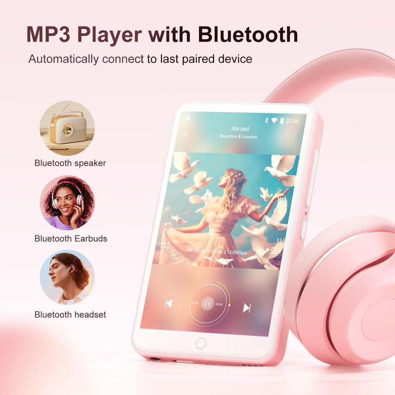 [AUSTRALIA] - 80GB MP3 Player with Bluetooth and WiFi, Android Player with Speaker Mp3 & Mp4 Music Player with Spotify, Amazon Music, Browser, Deezer, 4.0" Touch Screen, Download Music,Up to 512GB(Pink) Pink 