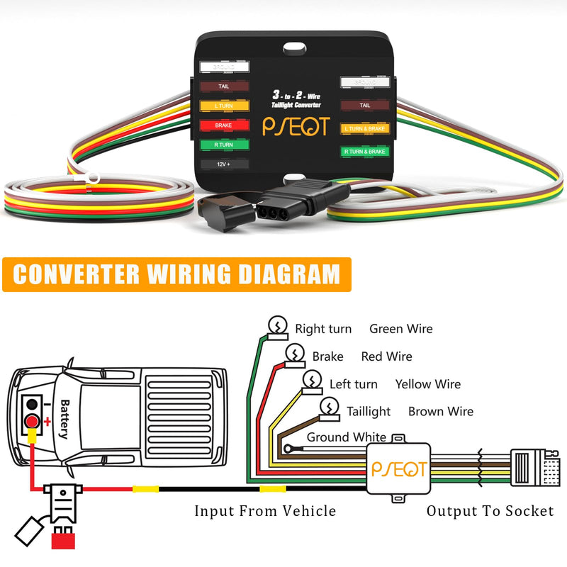 [AUSTRALIA] - PSEQT 3-to-2-Wire Splice-in Trailer Tail Light Converter with 4-Pin Flat Plug Wiring Harness Waterproof for Tail Side Clearance Brake Stop Turn Signal Lights, Used in Trailer Truck Van RV ATV, 1Pcs 