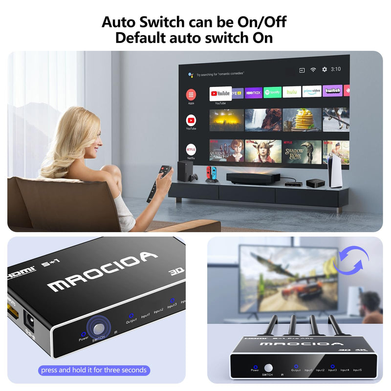 [AUSTRALIA] - Mrocioa HDMI 2.0 Switch 5 in 1 Out with Remote, 4K@60Hz Splitter Switcher, HDCP 2.3, ARC, CEC, ALLM/VRR, Dolby Vision/HDR10+/Atmos, Aluminum+Acrylic, for PS5/4, Xbox, Apple TV, Fire TV 