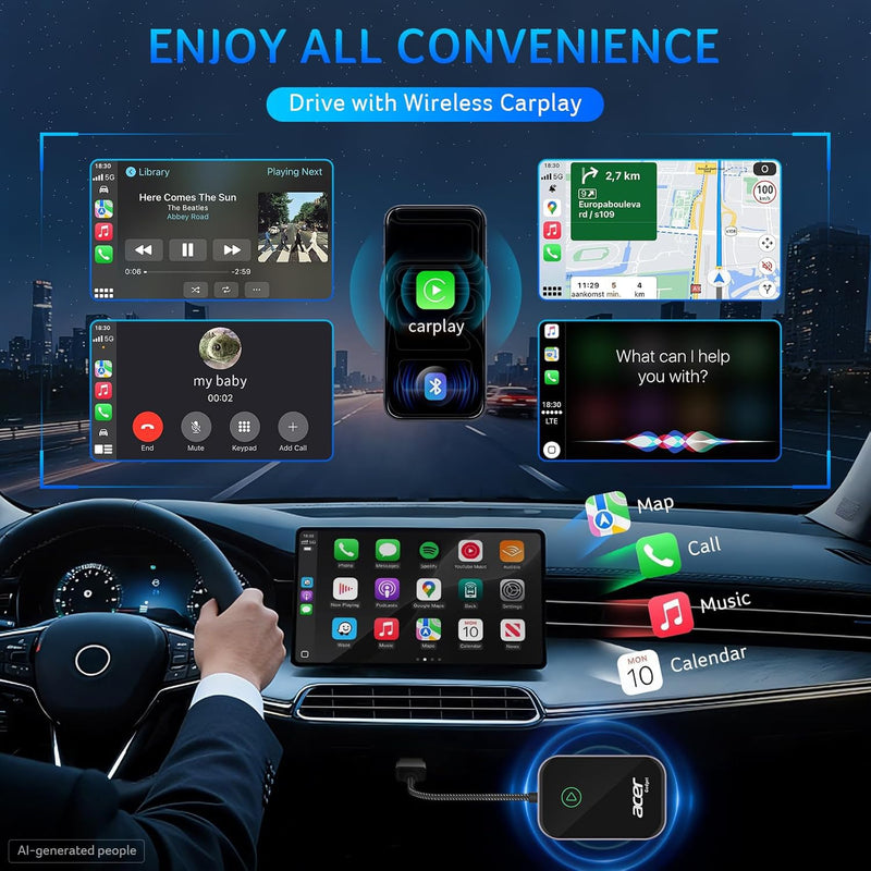 Acer Gadget CarPlay Wireless Adapter for Apple — iPhone Wireless Apple CarPlay Wireless Adapter Upgrade Wired CarPlay to Wireless for Seamless Music Navigation Calls and Messages Black
