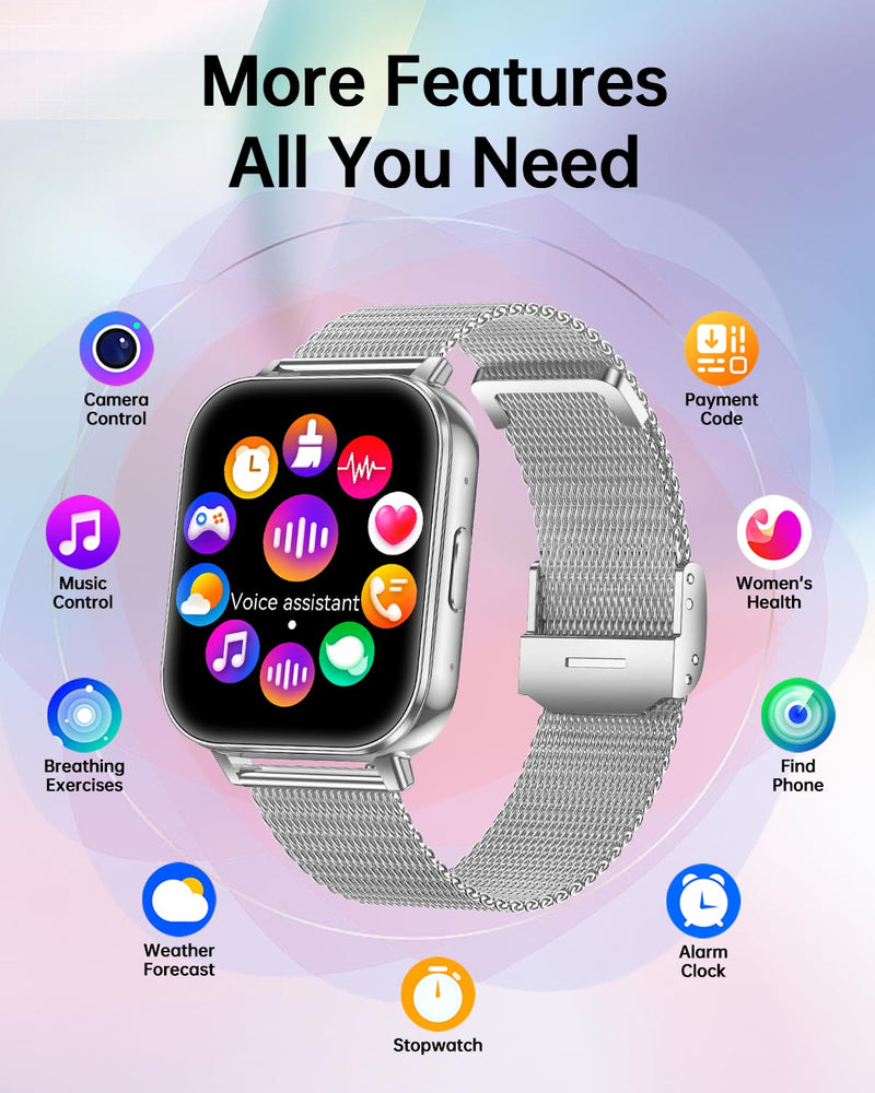 Smart Watch for Women with Bluetooth Call, 1.85" Fitness Tracker, Silver | 1000mAh Long Battery Life, Heart Rate SpO2 Sleep Monitor, Health Cycle Tracker, 120+ Sports, 4 Bands, Android iOS Compatible