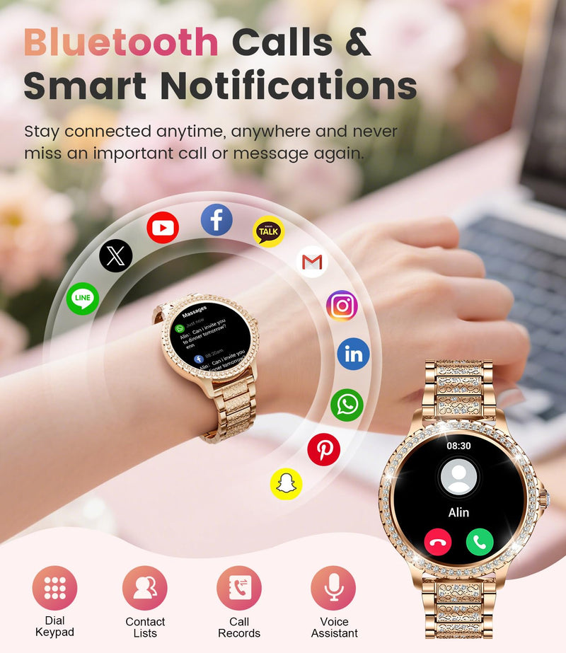 FITFLEX Smart Watches for Women, 1.32" HD Smartwatch Women with Bluetooth Call/Notification, IP67 Waterproof Fitness Watch with Sports Tracking/Sleep Monitor Compatible with Android iOS Phone, Gold